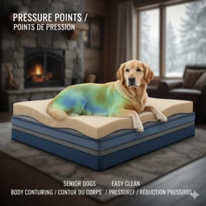 A visual map showing how a memory foam dog bed contours to a dog's body to eliminate pressure points.