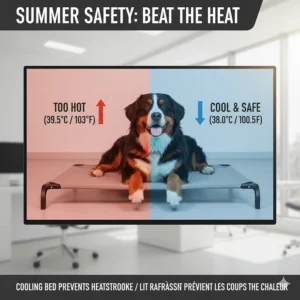Educational graphic showing how a cooling dog bed for summer helps prevent heatstroke during Canadian heatwaves.