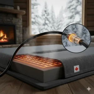 Illustration of a chew-resistant steel-wrapped cord on a heated dog bed, built for tough Canadian winter use.