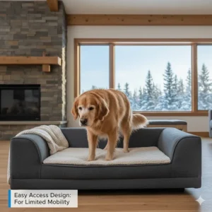 A low-profile dog bed for hip dysplasia allowing easy access for senior dogs with limited mobility.