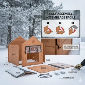 Simple assembly steps for a DIY heated outdoor dog house kit, popular for Canadian pet owners.