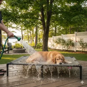 Easy-to-clean elevated dog bed outdoor being hosed down on a patio, ideal for muddy spring seasons in Canada.