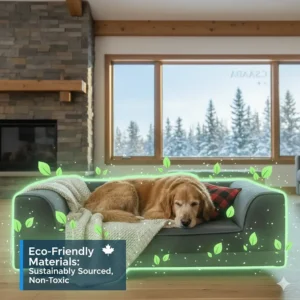 Sustainably sourced dog bed for hip dysplasia made with non-toxic materials for eco-conscious Canadian pet parents.
