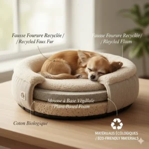 Illustration highlighting eco-friendly, sustainable materials used in a small dog bed for a Chihuahua.
