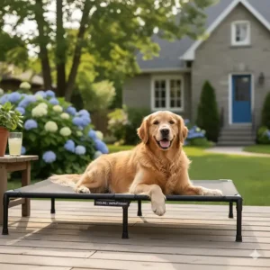 An elevated cooling dog bed for summer providing maximum airflow for a dog on a suburban patio in Quebec.