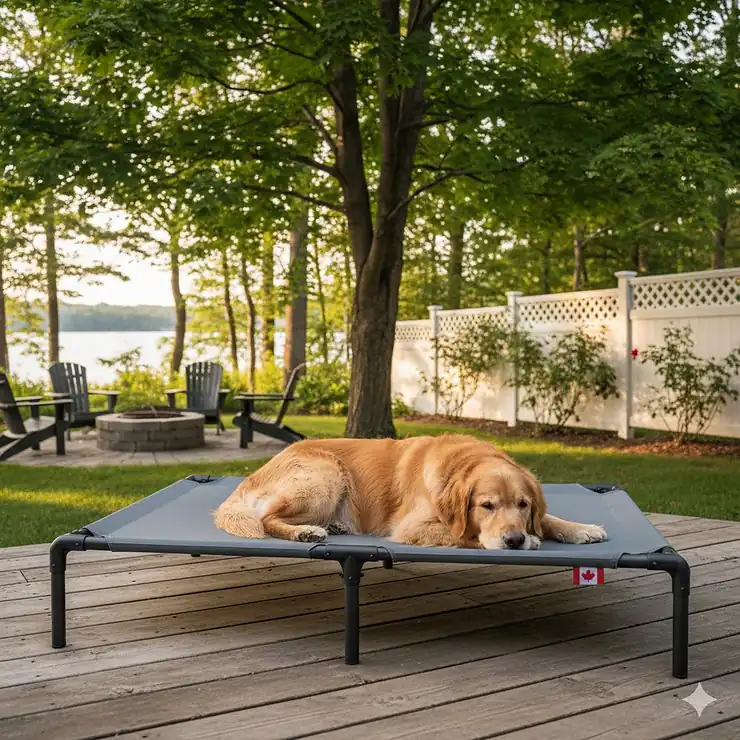 A Golden Retriever relaxes on a grey elevated dog bed outdoor on a cedar deck in Ontario, offering breathable comfort for Canadian summers.