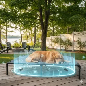 Benefits of an elevated dog bed outdoor for keeping pets off the ground and away from ticks and damp Canadian soil.