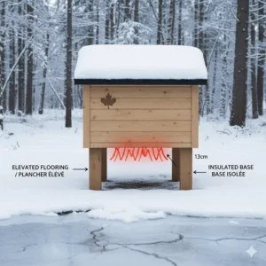 Illustration of an elevated heated outdoor dog house design to prevent heat loss from contact with frozen Canadian soil.