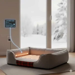 Illustration of a low-voltage heated dog bed showing energy savings for Canadian pet owners during cold months.