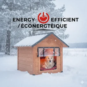 Illustration of an energy-efficient heated outdoor dog house showing low electricity costs for homeowners in Quebec and Alberta.