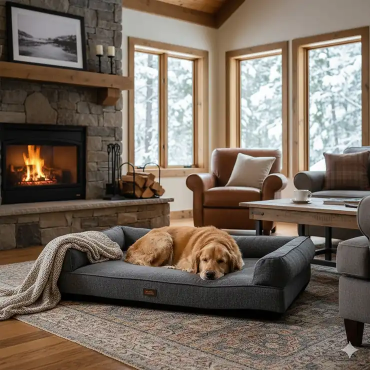 A golden retriever resting on a grey extra large dog bed in a cozy Canadian living room with a fireplace.