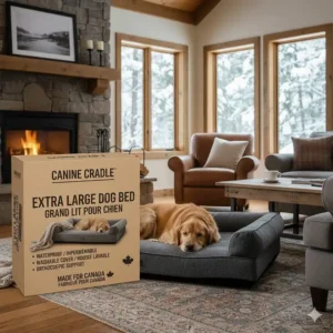 Product packaging for an extra large dog bed with bilingual English and French labels.