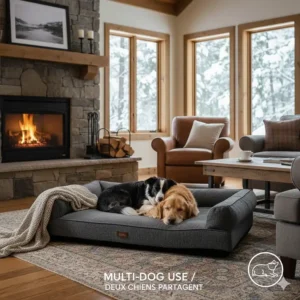 Two medium-sized dogs sharing one extra large dog bed comfortably in a modern home.
