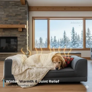 An orthopedic dog bed with a thermal cover, ideal for Canadian winters and dogs with hip dysplasia.