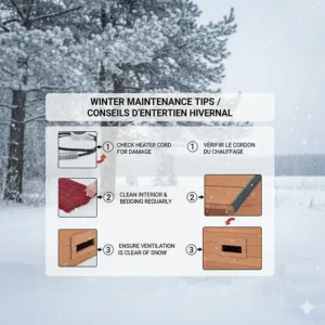 Bilingual maintenance guide for a heated outdoor dog house to ensure pet safety during the long Canadian winter season.