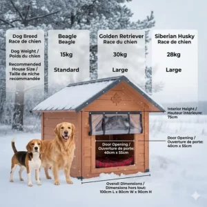 Metric size guide for a heated outdoor dog house suitable for various breeds from small terriers to large Canadian sled dogs.