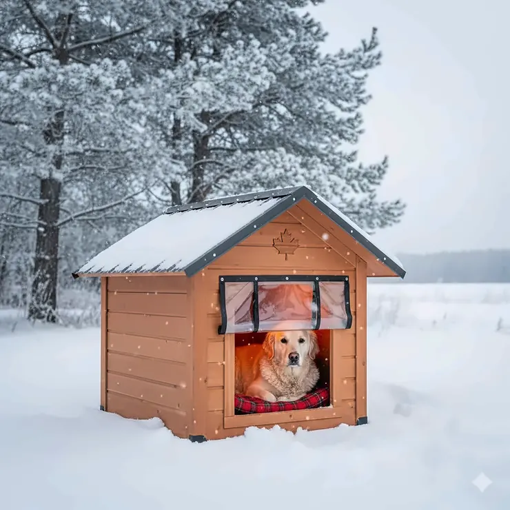 A well-insulated, heated outdoor dog house for Canadian winters, featuring a cozy dog resting inside during a snowstorm in Ontario.