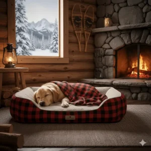 A cozy dog bed inside a rustic log cabin in the Rockies, perfect for a heated dog bed Canada winter setup.