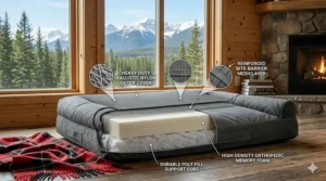 A technical cutaway showing the ballistic nylon cover and orthopedic foam layers of a dog bed for chewers.