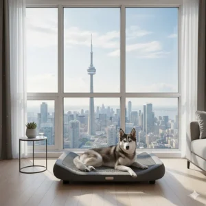 A Husky mix using a breathable cooling dog bed for summer inside a Toronto apartment to beat the humidity.