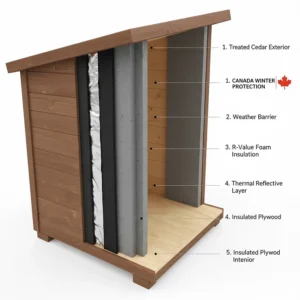 Diagram showing thermal foam insulation layers in an outdoor dog house for Canadian winter protection.