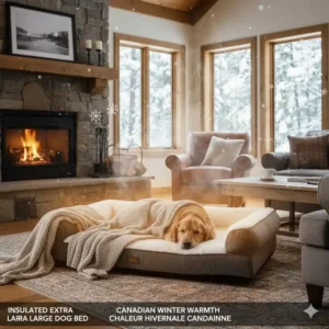 Illustration of a thick, insulated extra large dog bed designed for cold Canadian winters.