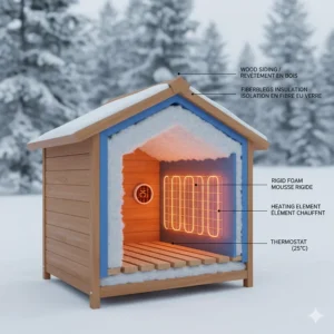Technical diagram of a heated outdoor dog house with high-density insulation designed for sub-zero Canadian temperatures.