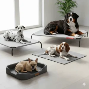 Various sizes of cooling dog beds for summer, from small French Bulldogs to large Bernese Mountain Dogs.
