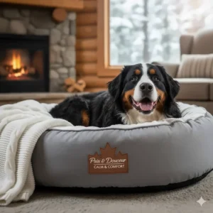 A happy dog in a "lit apaisant pour chien" (calming dog bed) with a bilingual Canadian logo.