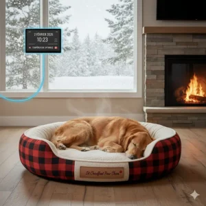 Graphic featuring a lit chauffant pour chien (heated dog bed) designed for the cold climate in Quebec and across Canada.