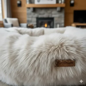 Close-up of the soft faux fur texture of a calming dog bed available in Canada.