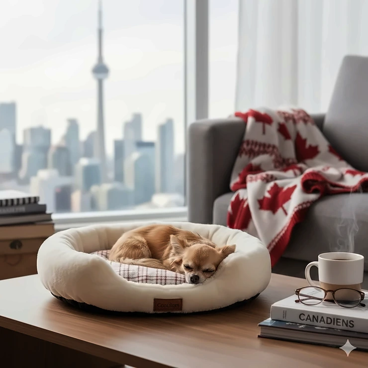 A cozy, plush small dog bed for a Chihuahua in a modern Toronto living room setting.