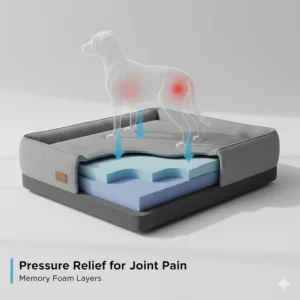 Cross-section of a memory foam dog bed for hip dysplasia showing pressure relief for joint pain.