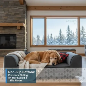 Non-slip base on a dog bed for hip dysplasia to prevent sliding on hardwood or tile floors.