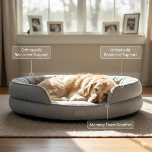 Illustration showing the bolstered rim and orthopedic support of a calming dog bed for senior dogs.