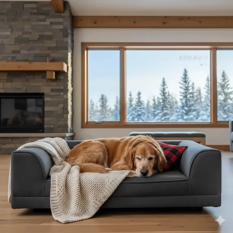 A senior dog resting on a high-quality dog bed for hip dysplasia in a cozy Canadian home with a winter landscape view.