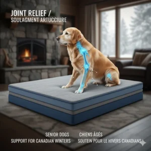 Illustration of a senior dog’s joints being supported by an orthopedic dog bed, ideal for cold Canadian winters.