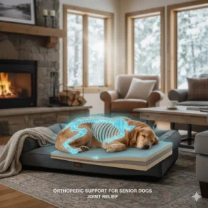 Anatomical illustration of a senior dog benefiting from an orthopedic extra large dog bed for joint support.