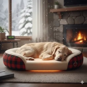 An older dog resting comfortably on an orthopedic heated bed to soothe joints during a harsh Canadian winter.