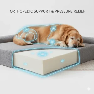 Illustration showing how high-density memory foam supports a senior dog's joints and relieves pressure points.