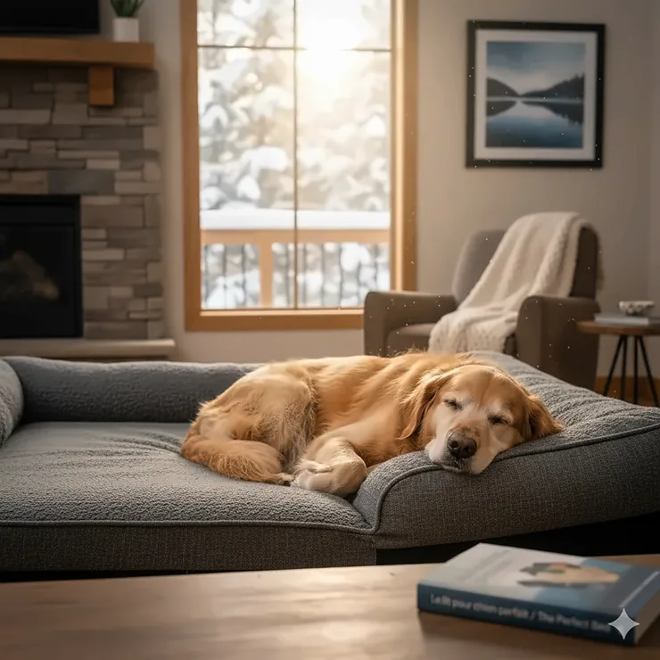 A Golden Retriever resting on a premium orthopedic vs memory foam dog bed in a cozy Canadian living room with a snowy window view.
