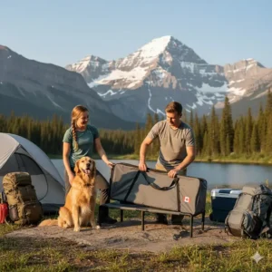 A foldable elevated dog bed outdoor being packed for a camping trip in the Canadian Rockies.