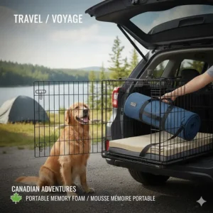 Illustration of a portable memory foam dog bed fits into a travel crate for Canadian road trips or camping.