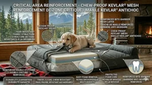 A photorealistic illustration of a puppy teething on a tear-resistant fabric bed with reinforced double-stitching.