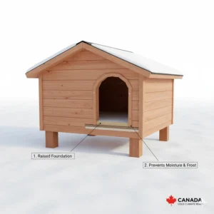 Illustration of a dog house with a raised floor to prevent moisture and frost from the Canadian snow.