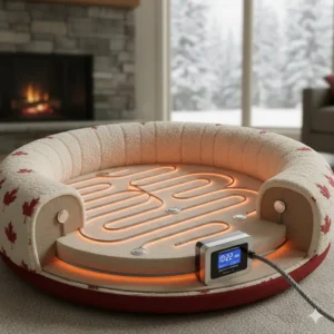 Illustration showing the internal heating elements and safety sensors of a heated dog bed for Canadian winter safety.