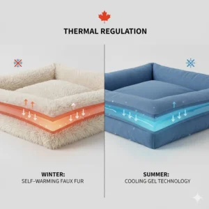 Infographic comparing self-warming faux fur beds for Canadian winters and breathable cooling gels for summer.