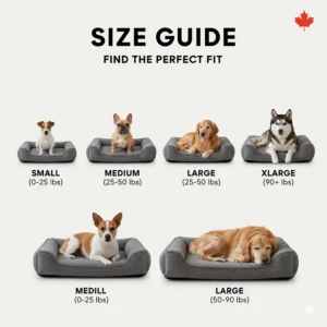 Size comparison chart for senior dog beds ranging from small Terriers to large Canadian-bred Huskies.