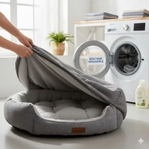 A diagram showing the removable, machine-washable cover of a premium calming dog bed.