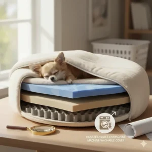 Illustration of a removable, machine-washable cover for a small dog bed for a Chihuahua.